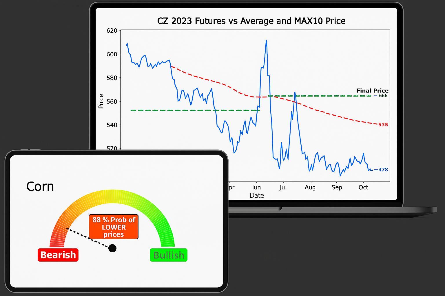 device mockups with corn related statistics